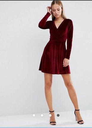 Акция распродажа брендовое бархатное платье divided h&m бордовое винное марсал с декольте стильное миди2 фото