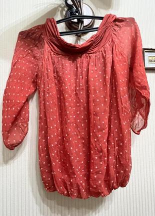 Эксклюзивная шелковая блуза кораллового цвета в горох josh италия1 фото