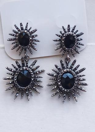 Изысканные серьги сережки с дымчатыми и черными кристаллами, италия