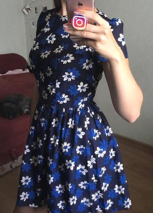Платье в цветах, платье с коротким рукавом, платье синие3 фото
