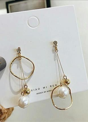 Серьги сережки длинные с жемчугом золотистые