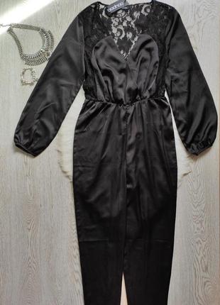 Черный нарядный шелковый атласный с гипюром вышивкой ажурный комбинезон ромпер штанами