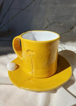 Чашка і блюдце сервіз комплект тарілка жовта ручна робота хенд мейд авторська