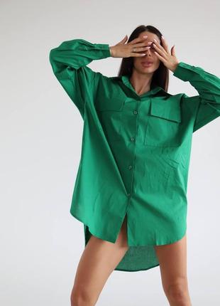 Зелёная рубашка оверсайз прямого кроя стильная однотонная трендовая яркая трава2 фото