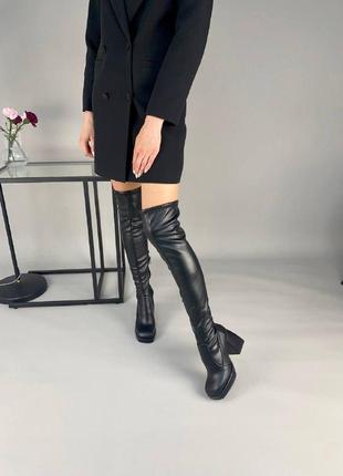 Кожаные +стрейч женские ботфорты на удобном каблуке5 фото