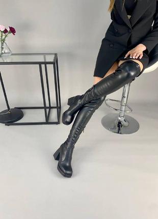 Кожаные +стрейч женские ботфорты на удобном каблуке6 фото