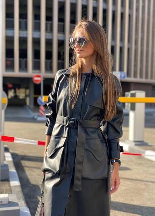 Кожаный тренчкот плащ под пояс с карманами тренч