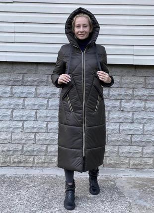 Длинное зимнее пальто цвет хаки