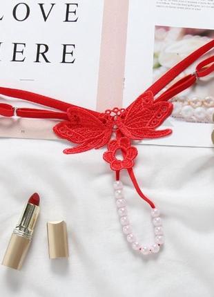 Еротичні стрінги з перлами і метеликами червоні - розмір універсальний2 фото