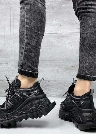 Чорні кросівки на високій підошві ,массивная подошва , черные грубые кроссовки рефлектив ,1 фото