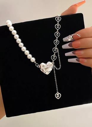 Модная трендовая стильная подвеска цепь ланцюжок кулон ожерелье с жемчугом и сердечком подвеска в стиле панк рок хип хоп в серебре намисто9 фото