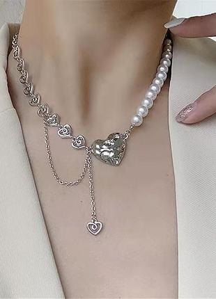 Модная трендовая стильная подвеска цепь ланцюжок кулон ожерелье с жемчугом и сердечком подвеска в стиле панк рок хип хоп в серебре намисто7 фото