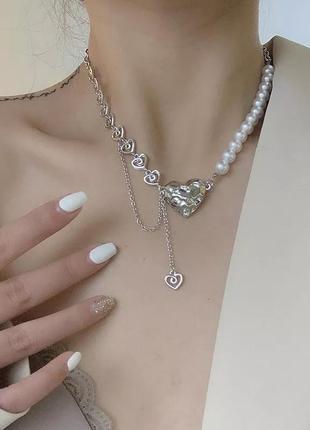 Модная трендовая стильная подвеска цепь ланцюжок кулон ожерелье с жемчугом и сердечком подвеска в стиле панк рок хип хоп в серебре намисто3 фото