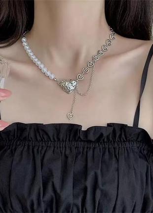 Модная трендовая стильная подвеска цепь ланцюжок кулон ожерелье с жемчугом и сердечком подвеска в стиле панк рок хип хоп в серебре намисто8 фото