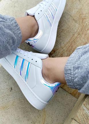 Adidas superstar white/silver стильні кросівки адідас суперстар білі голографічні весна літо осінь женские крутые белые кроссовки новинка5 фото