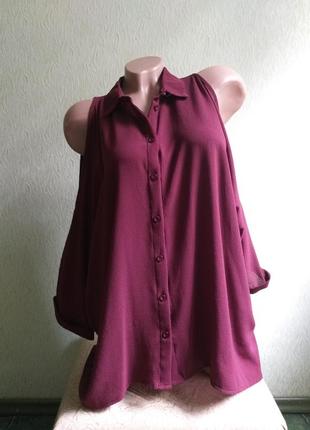 Рубашка с открытыми плечами. туника с удлиненной спинкой. фрак.  марсала, бордо.1 фото