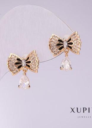 Серьги бантики эмаль стразы кристалл белый