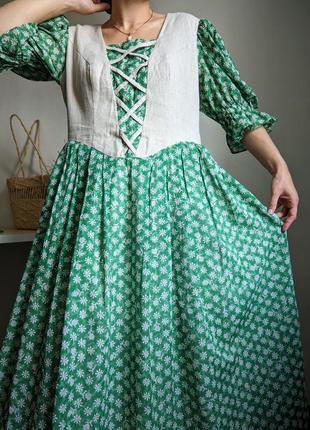 Платье винтажное зеленое в цветочек белый шнуровка миди пышное l xl хлопок лен4 фото
