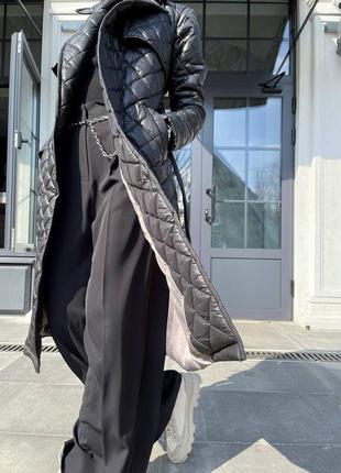 Пальто куртка тренч стёганая на запах с поясом длинное черное пудра розовое жемчужина молочный айвори9 фото