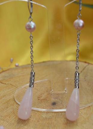 Сережки з рожевим кварцом і ліловим перлами 'кассіопея'1 фото