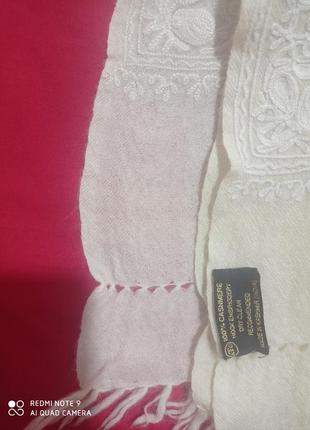 Кашемировый нарядный белый молочный кремовый большой шарф палантин с вышивкой кашемир5 фото