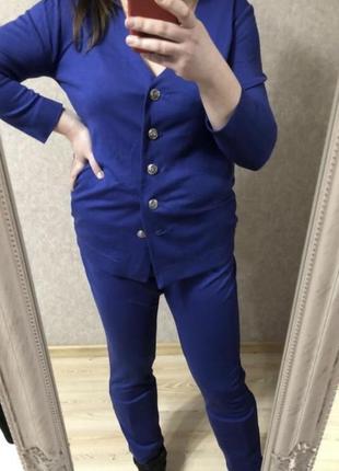 Новый синий трикотажный костюм с брюками 46-50 р ручная работа5 фото