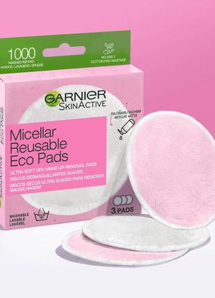 Міцелярні багаторазові еко паді для зняття макіяжу garnier micellar reusable eco pads3 фото