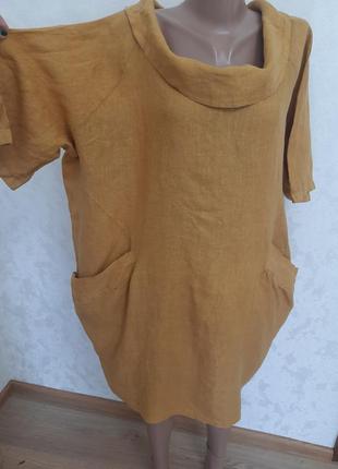 Льняное платье бохо цвет горчица италия10 фото