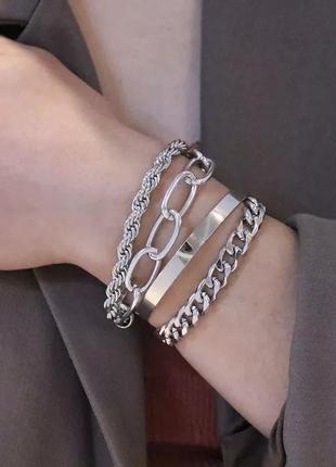 Набор красивых серебристых браслетов, многослойный браслет,стильная бижутерия из медстали2 фото