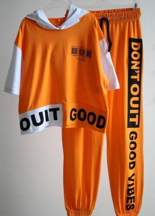 Костюм штаны+футболка оранжевые для девочки "good vibes" (146 см.)  locoloco 21250007741901 фото