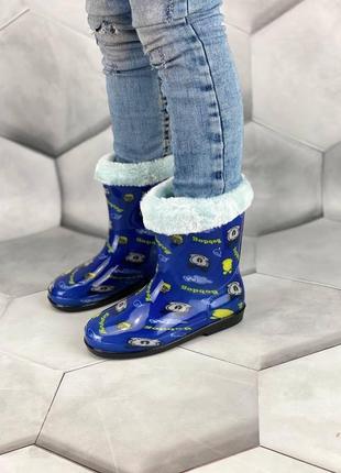 Детские синие резиновые сапоги со сьёмным меховым носком 223 фото