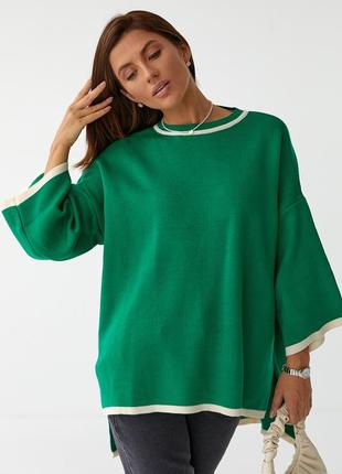Женский зеленый свитер оверсайз с укороченными рукавами1 фото