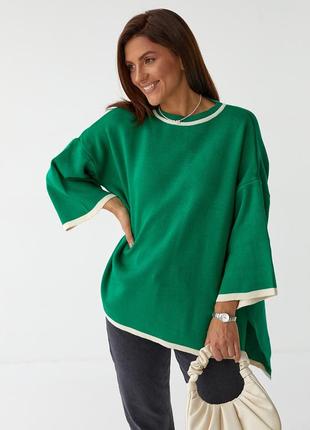 Женский зеленый свитер оверсайз с укороченными рукавами8 фото