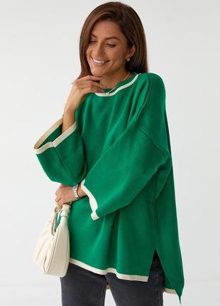 Женский зеленый свитер оверсайз с укороченными рукавами7 фото