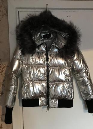Куртка пуховик курточка зима фольга срібло срібло манжети хутро капюшон