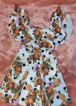 Роскошное платье из неопрена. нарядное платье с апельсинами. фруктовый принт.1 фото