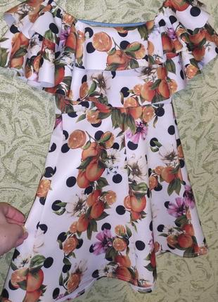 Роскошное платье из неопрена. нарядное платье с апельсинами. фруктовый принт.2 фото