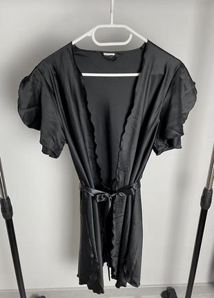 Чёрный тонкий женский халат с поясом2 фото