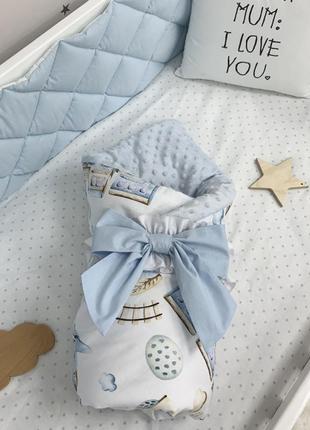 Плед конверт дитячий з ковдрою, поплін та плюш, розмір 80х100 см, паровозики топ