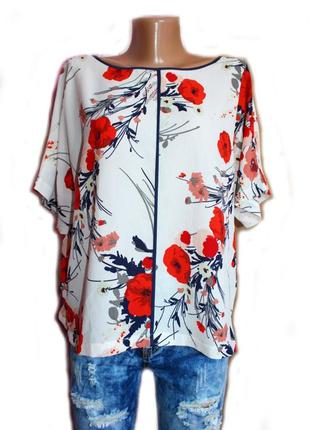Блуза кофточка в спортивном стиле / принт цветов как маки / синий кант, турция, m&s, 12-143 фото