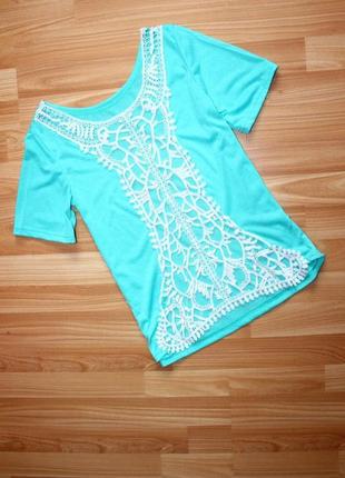 Блуза / кофточка / футболка морської хвилі з широкою вставкою ажуру