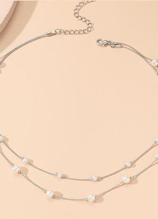 Цепочка с жемчугом, многослойная цепочка, ожерелье, колье серебристое , намисто з перлами, цепочка з перлинами4 фото