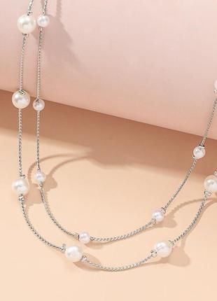 Цепочка с жемчугом, многослойная цепочка, ожерелье, колье серебристое , намисто з перлами, цепочка з перлинами3 фото