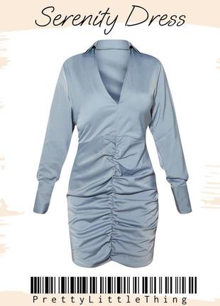 Blue woman long sleeve ruched detail shirt dress
