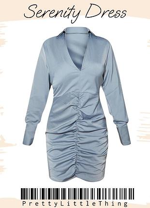 Blue woman long sleeve ruched detail shirt dress