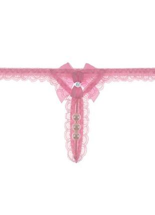 Стринги с жемчужной нитью и прорезью розовые - размер универсальный, резинка до 92см