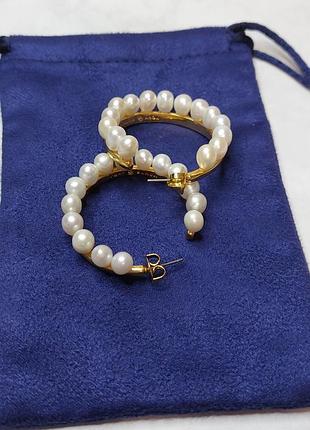 Серьги кольца с натуральным жемчугом, tory burch, позолота 18к