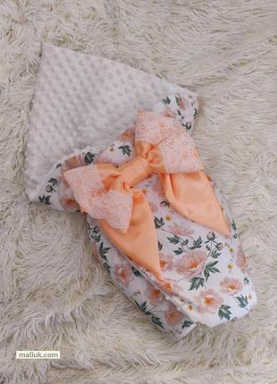 Зимовий плюшевий конверт ковдра для дівчинки, білий з помаранчевим бантом2 фото