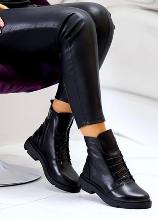 Класичні демі чорні натуральні шкіряні черевики/ботінки на шнурках на флісі