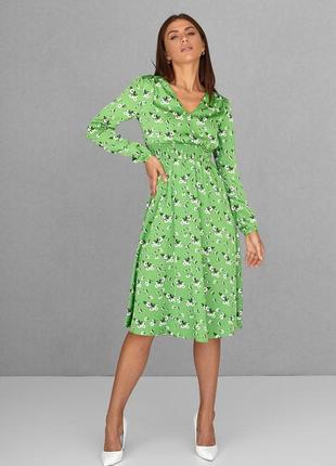 Шелковое женское зеленое платье с цветами для девушек 42-482 фото